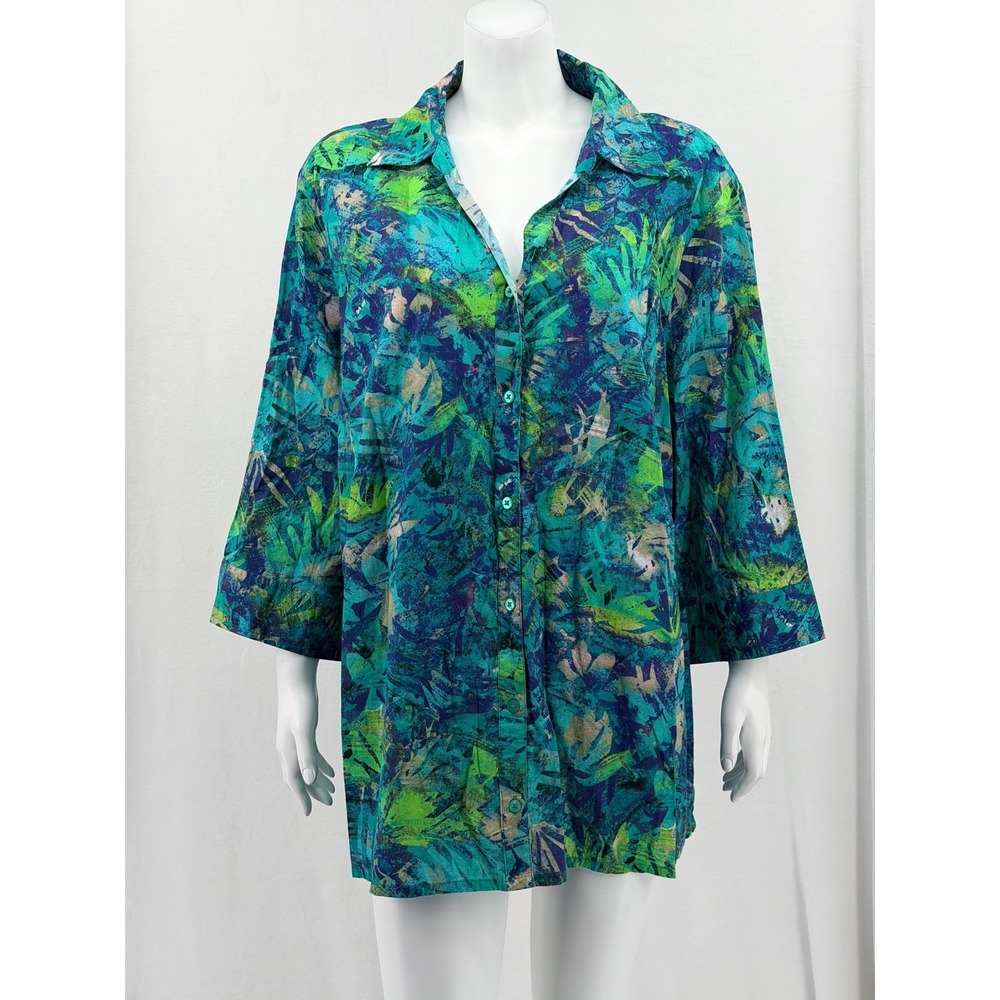 Catherines Top Women 2X Green Blue Tropical Button Up Sheer Summer 100% Cotton